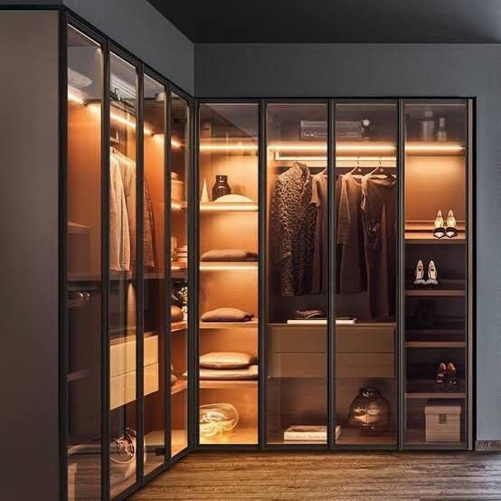 Modern Işıklı Siyah Cam Kapaklı Gardırop